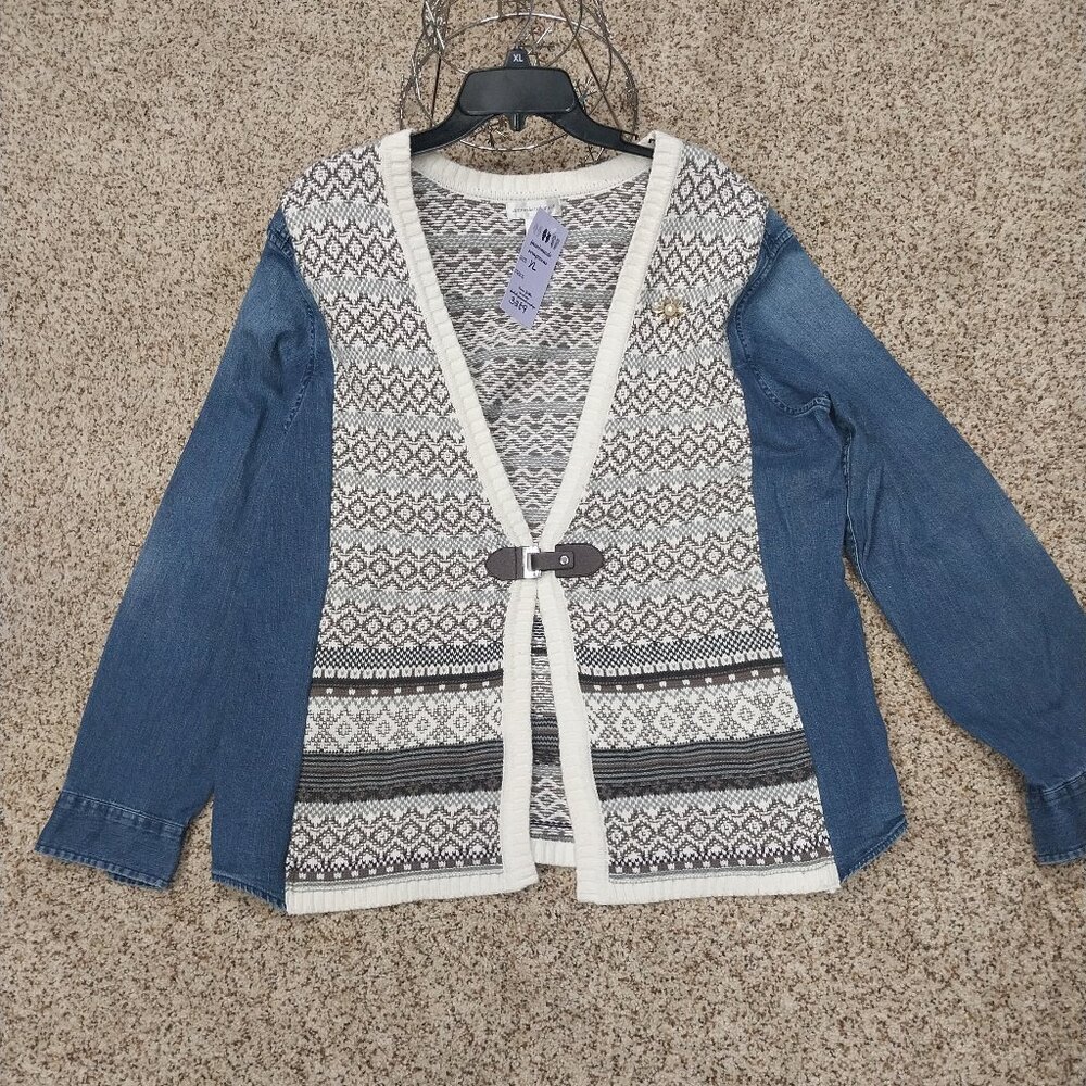 3289 Size XL Upcycled Jean Sweater Cardigan. In Cream, Grey and Blue.